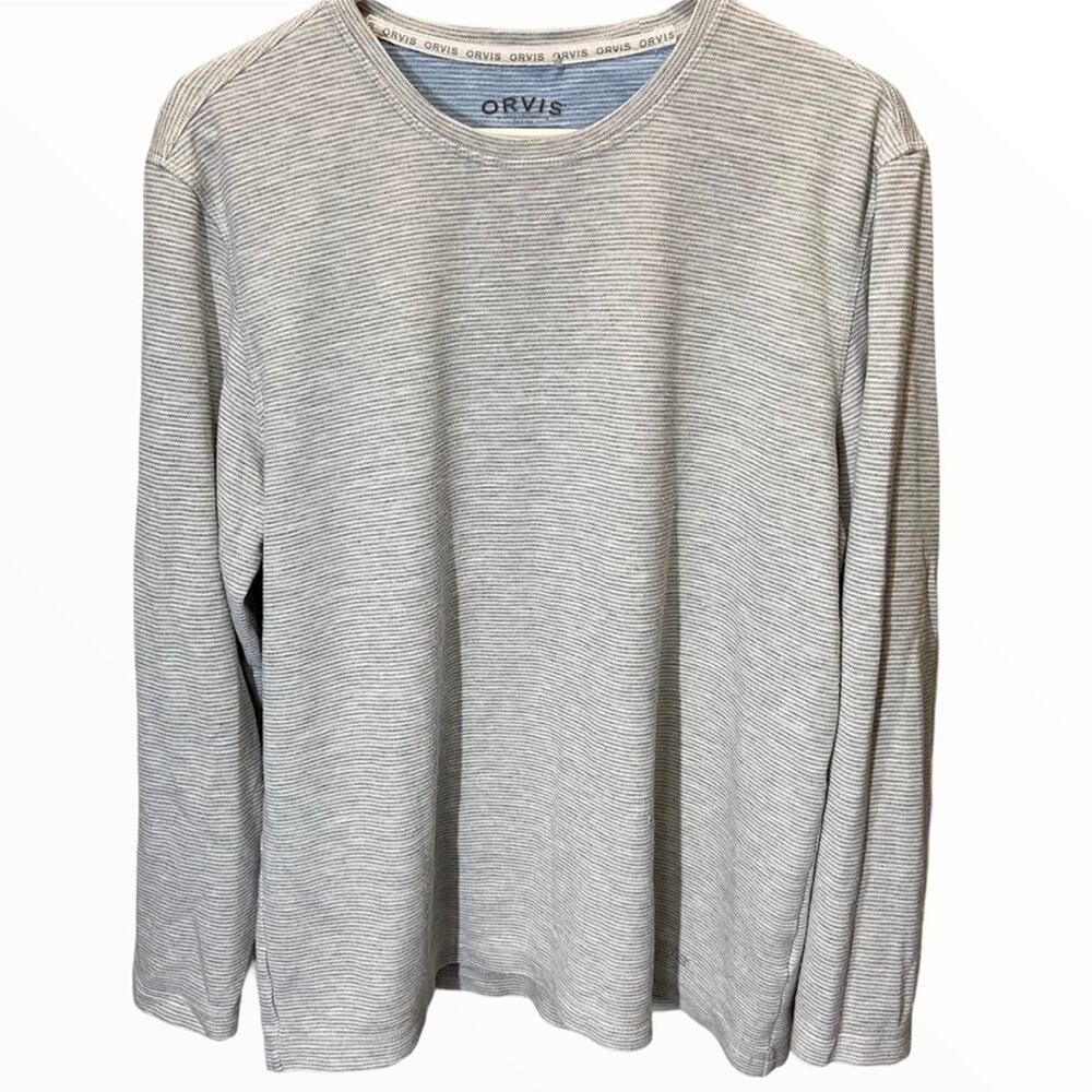Orvis Sweatshirt Crewneck Pullover Long Zig Zag Striped Gray White Medium